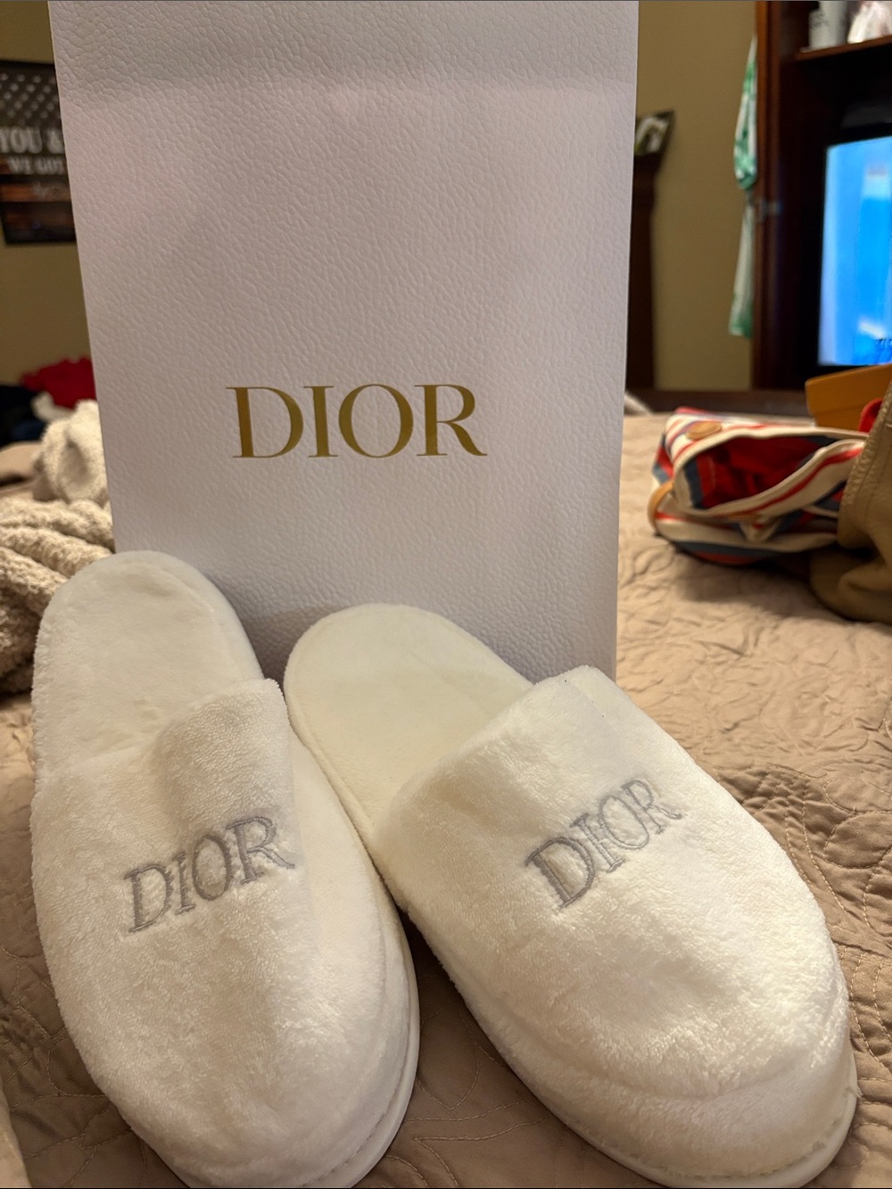 Dior Plush White Logo Slide Slippers